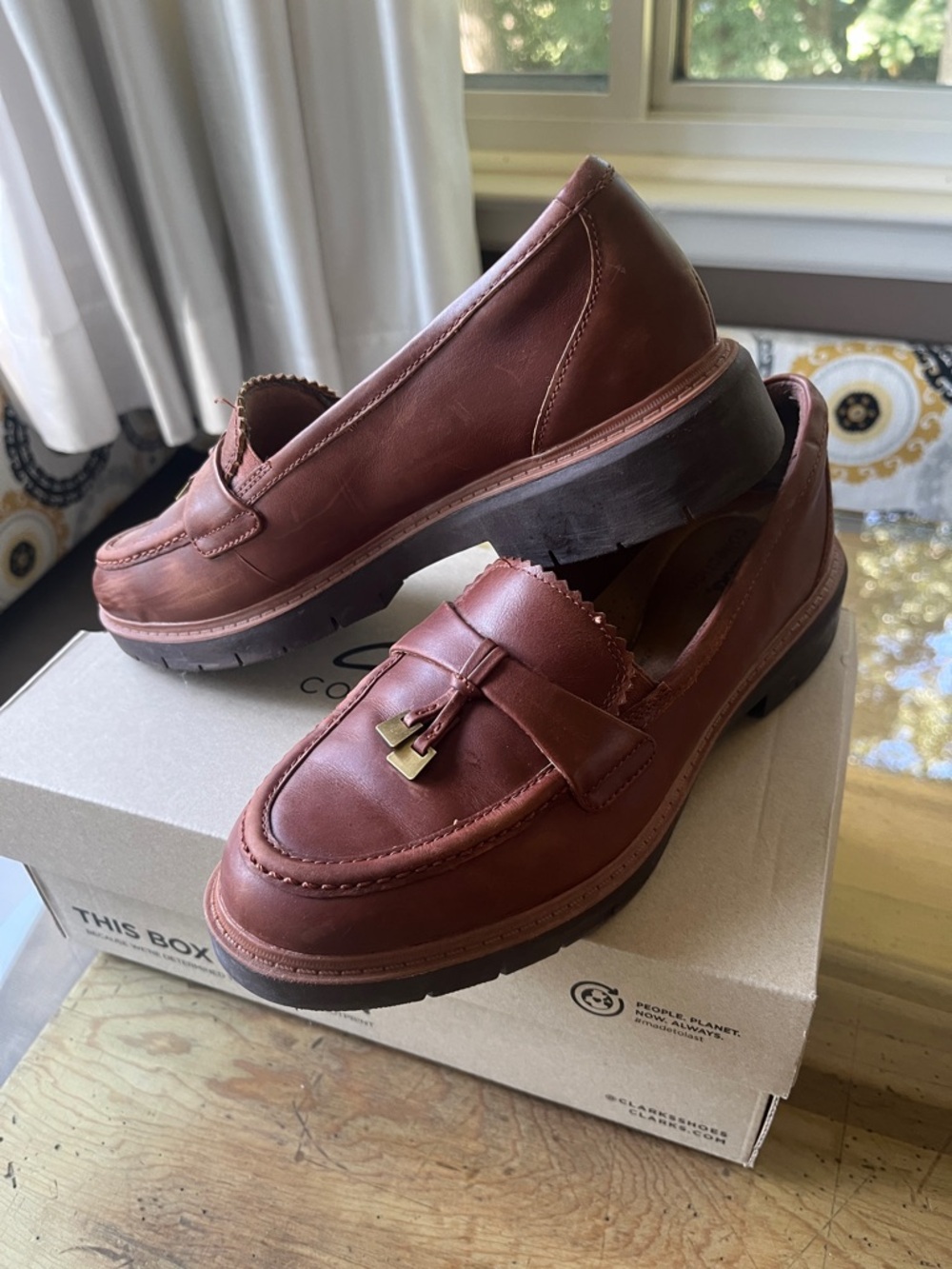 Clarks Women's Brown Leather Tassel Penny Loafers